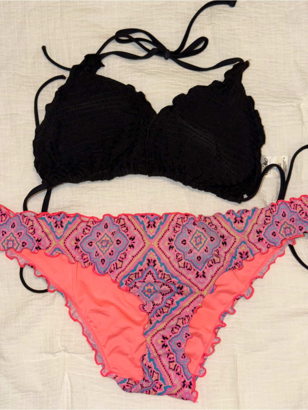 Shade & Shore Black Crochet Halter Top with Pink Patterned Bikini Bottom